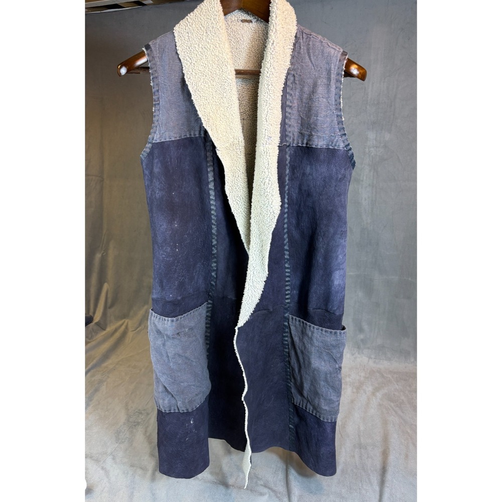 Free People Genuine Lambskin w/ Denim Blue Patchwork Long Vest Boho Festival M